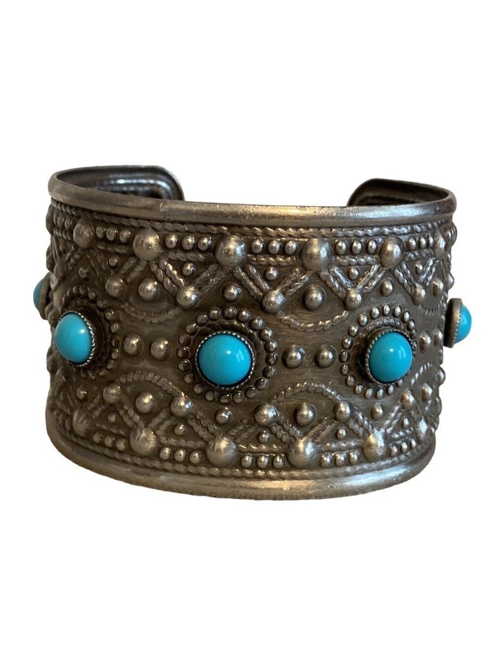 Western Cuff Bracelet Turquoise Bead and Silver Tone Metal